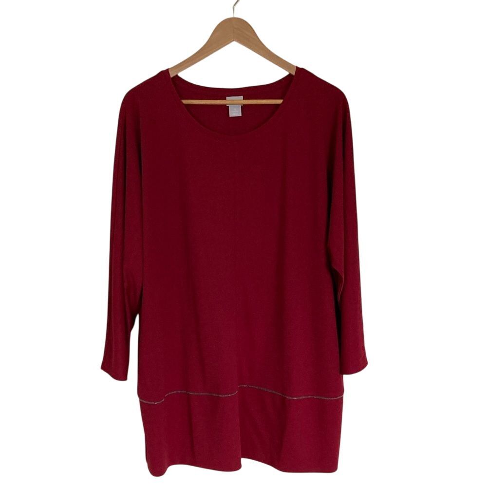 Chicos Womens 3/4 Dolman Sleeve Tunic Blouse‎ Top XXL Red Lightweight Long Line